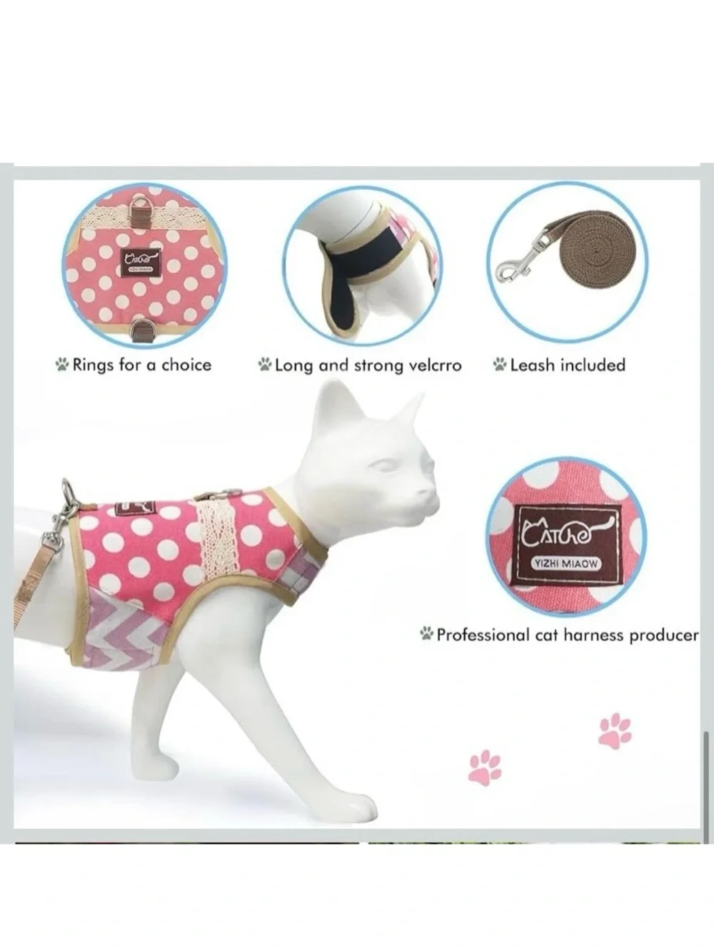 Pink Polka Dot Cat Padded Velcro Harness with Leash